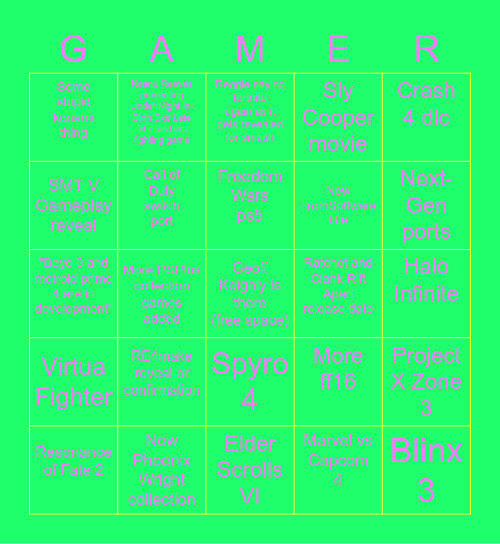 game awards bingo Card