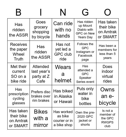 GPC Holiday Bingo Card