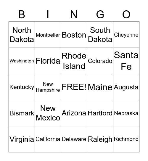 States and Capitals Bingo Card