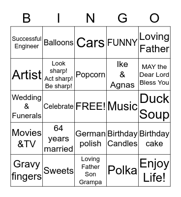 DAD'S 90th Birthday Party Bingo Card