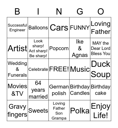 DAD'S 90th Birthday Party Bingo Card