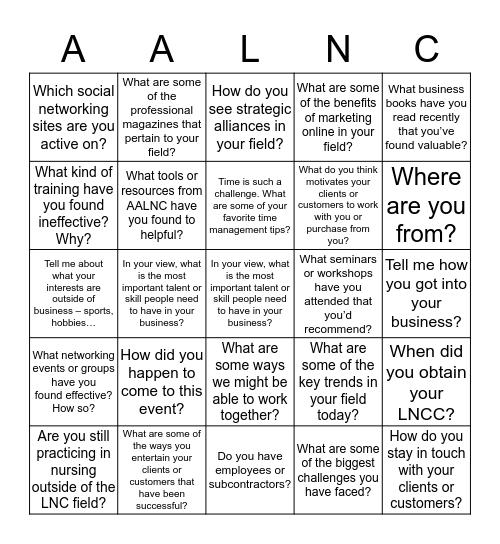 AALNC NETWORKING SOCIAL Bingo Card