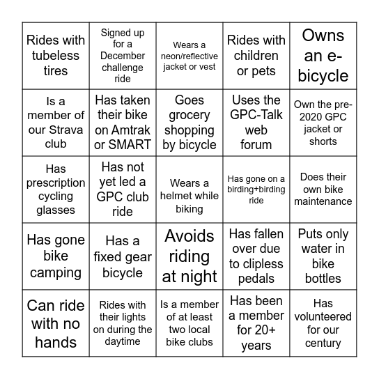 GPC 2020 Holiday Bingo Card