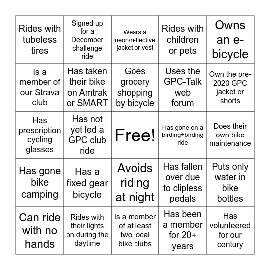 GPC 2020 Holiday Party Bingo Card