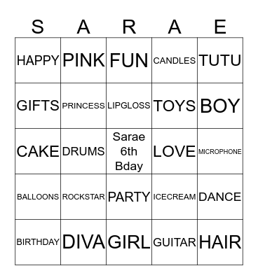 SARAE'S ROCKSTAR BINGO  Bingo Card