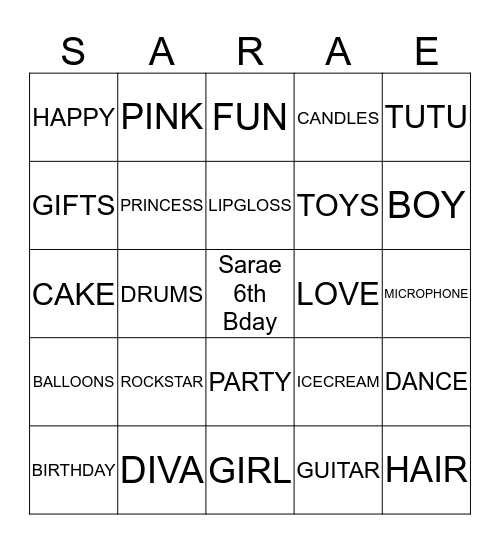 SARAE'S ROCKSTAR BINGO  Bingo Card