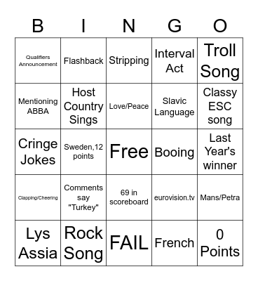 Eurovision Bingo Card