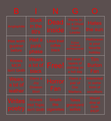 Goth Bingo Card