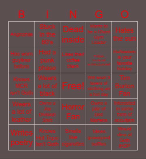 Goth Bingo Card