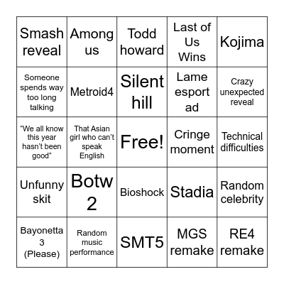 Game Awards Wishlist Bingo Card