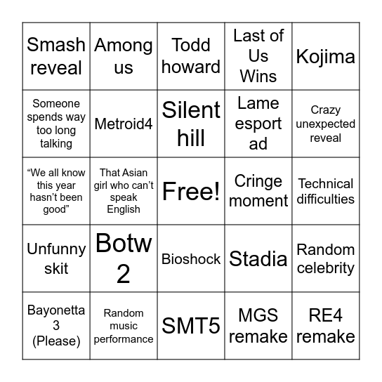 Game Awards Wishlist Bingo Card
