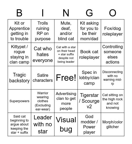 Warrior Cats: Ultimate Edition Roblox Bingo Card