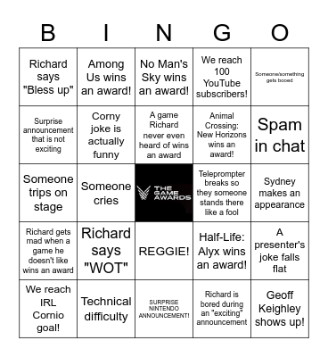 Game Awards Bingo Card