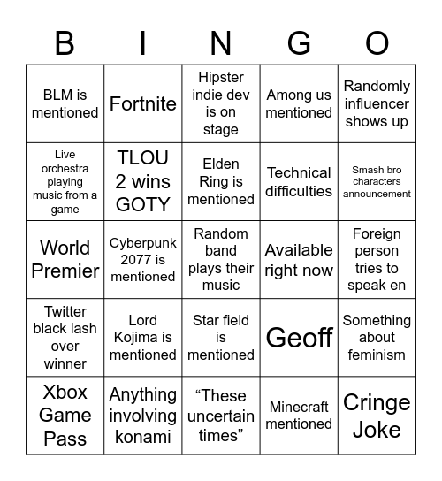 Game Awards 2020 Bingo Card