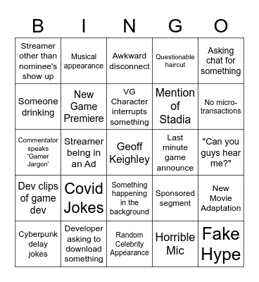 Video Game Awards 2020 Bingo Card