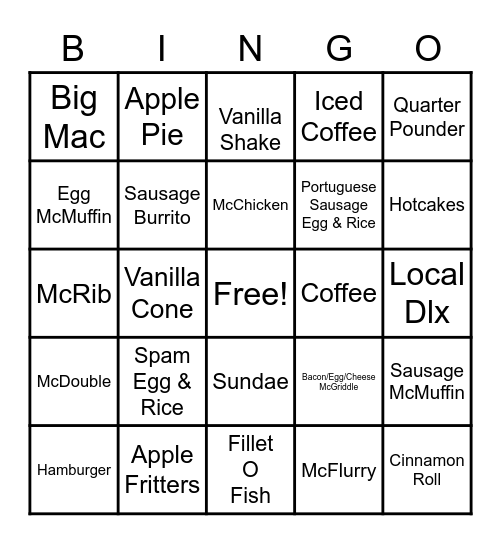 McDonald's Bingo Card