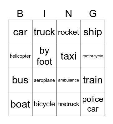 TRANSPORT Bingo Card