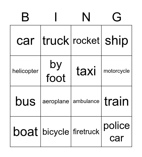 TRANSPORT Bingo Card