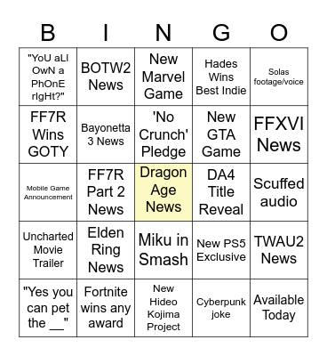 The Game Awards Bingo Card