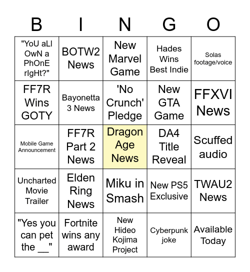 The Game Awards Bingo Card