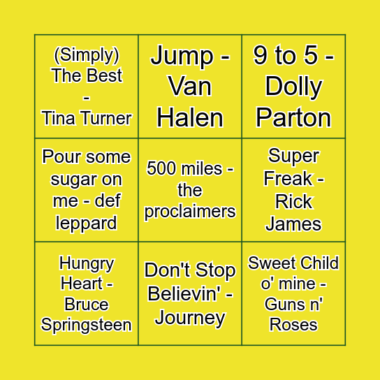 80s Music Bingo Card
