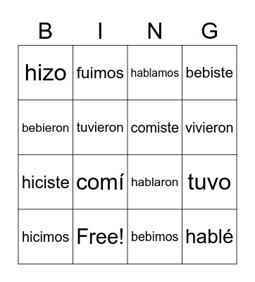 Spanish Preterite Bingo Card