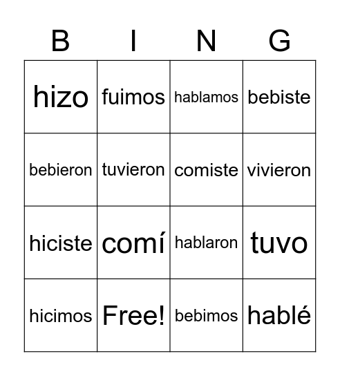 Spanish Preterite Bingo Card