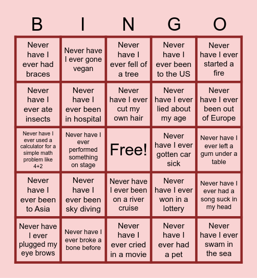 Never Have I Ever Bingo (Patrick) Bingo Card