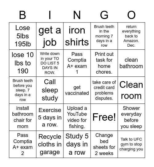 Bingo Short Term Goal List Bingo Card