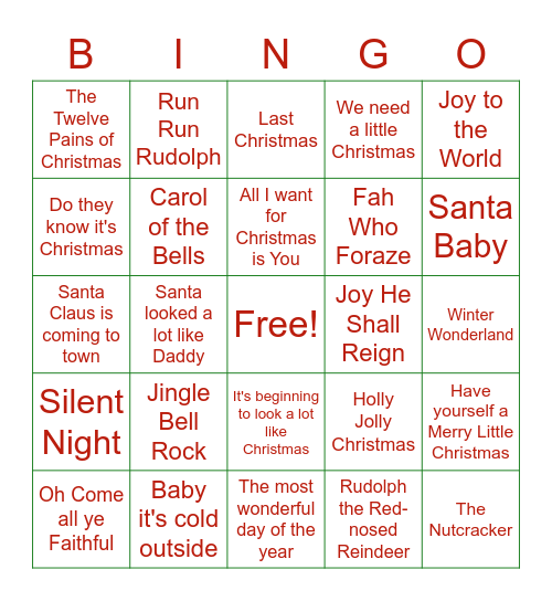 Christmas Carol Bingo Card