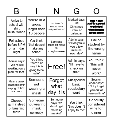Back-to-School Teacher PD Bingo (COVID Edition) Bingo Card