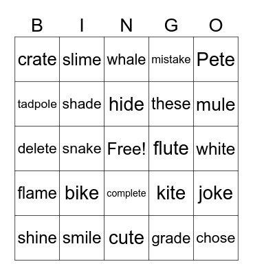 Magic E Bingo Card