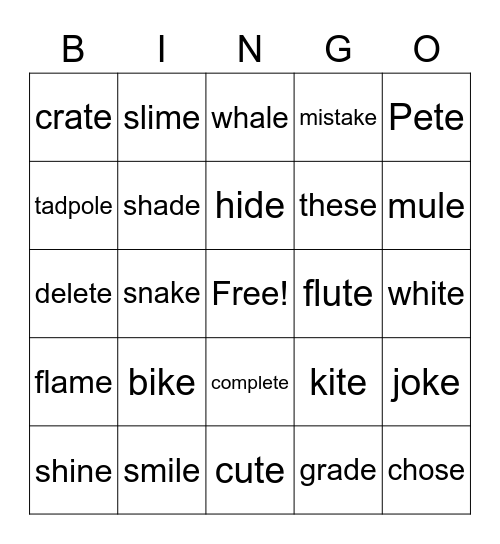 Magic E Bingo Card