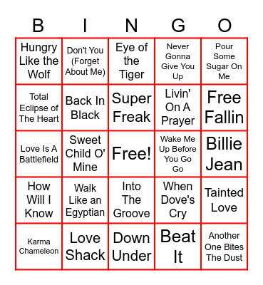 80's Music Bingo Card