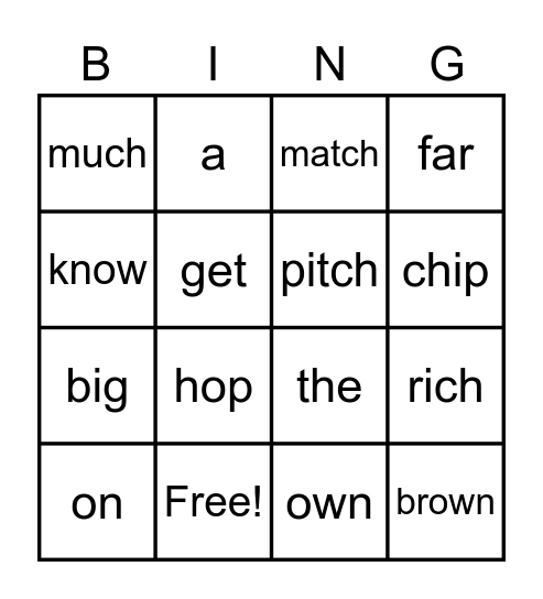 Spelling Word Bingo Card