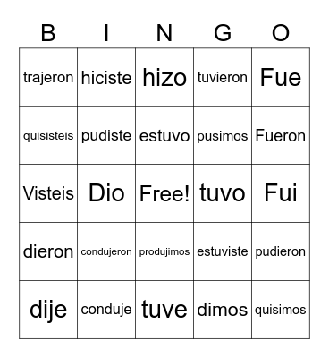 Preterite : Irregular Verbs Bingo Card