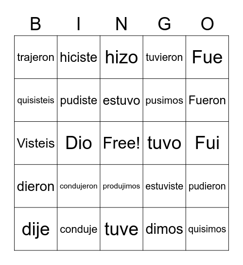 Preterite : Irregular Verbs Bingo Card