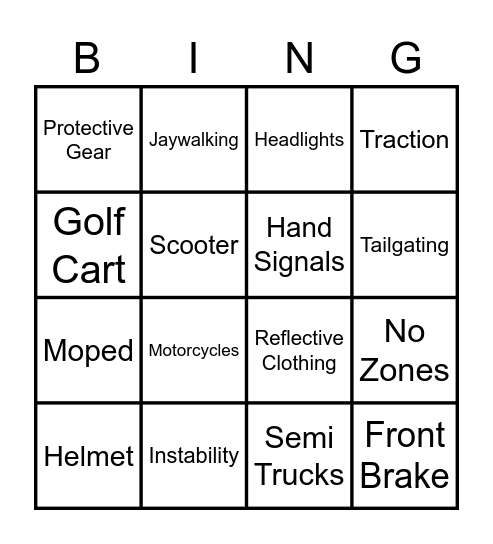 Chapter 11 Drivers Ed Vocab Review Bingo Card