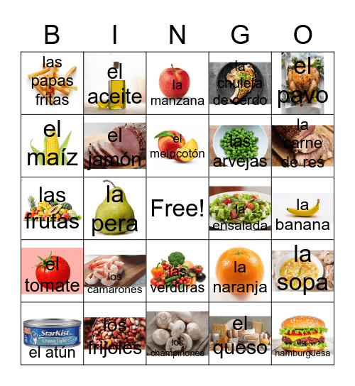 La comida Bingo Card
