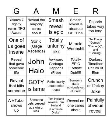 Game Awards Bingo Card