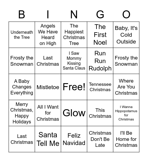 Christmas Hits Bingo Card