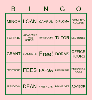 College Term Bingo Card