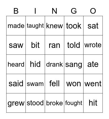Irregular Past Tense Verbs Bingo Card