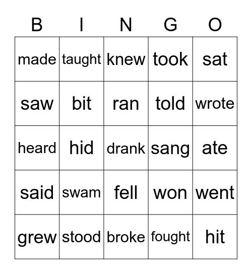 Irregular Past Tense Verbs Bingo Card