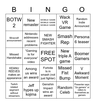 Game Awards Bingo Card