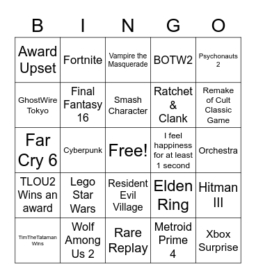 Game Awards Bingo Card