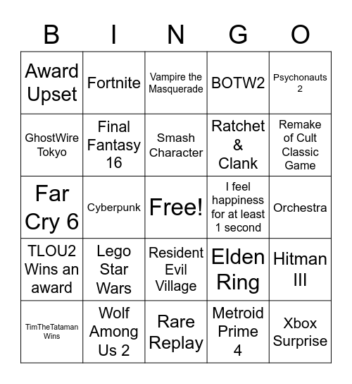 Game Awards Bingo Card