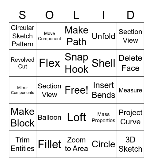 SolidWorks Bingo Card