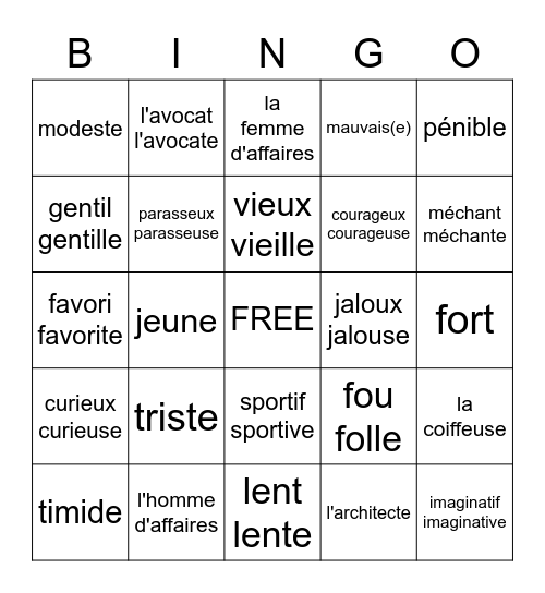 Les Adjectifs! Bingo Card