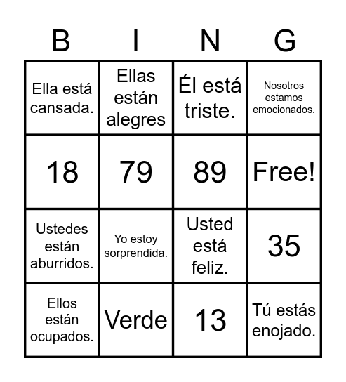 Estar y mas Bingo Card